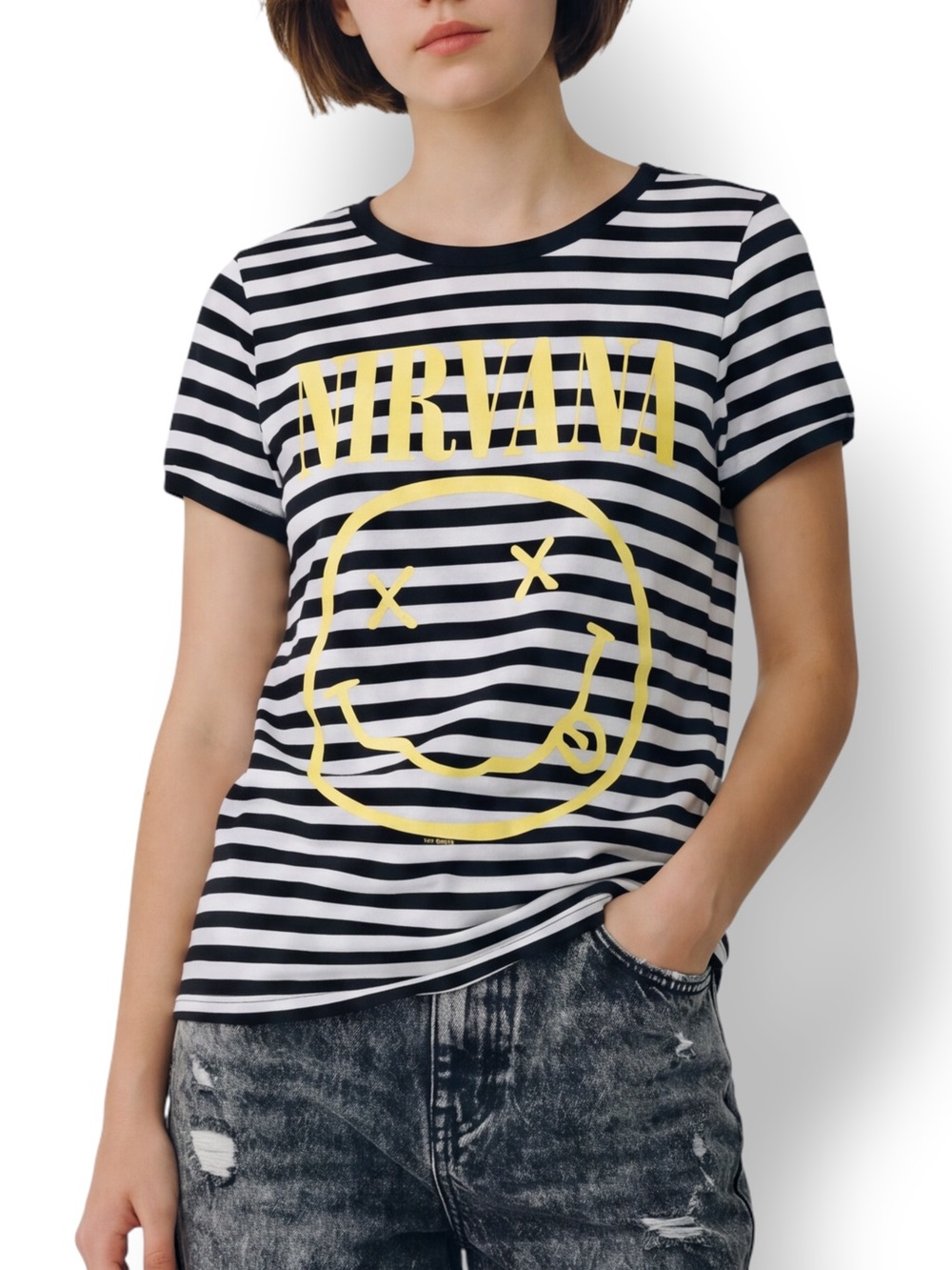 4/$20 Torrid 00 Nirvana Smiley Face Striped Graphic Tee Black White Plus Size ML